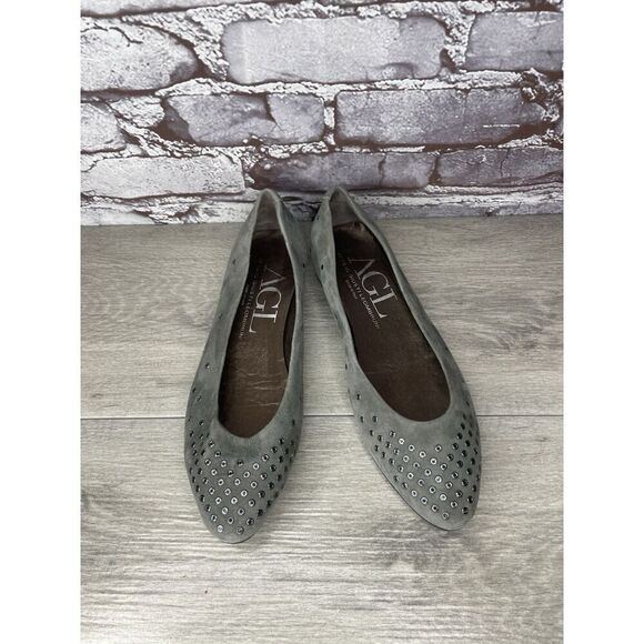 AGL Grommet Gray Suede Leather Studded Pointed Toe Flats Women’s Sz 38EU/7.5M US - Picture 2 of 16